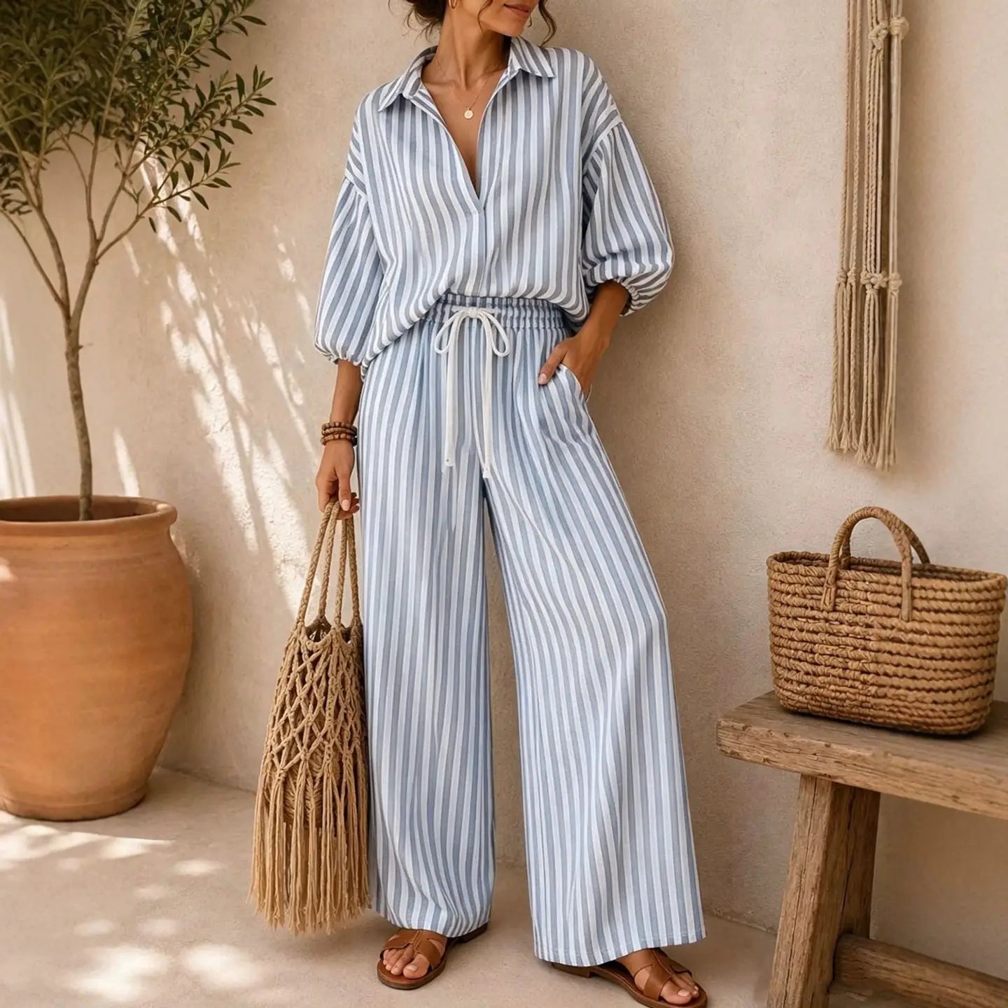 Ensemble chemise oversize à rayures et pantalon à jambes larges