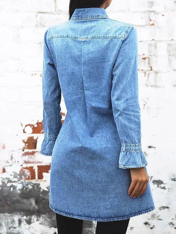 Robe-chemise en jean vintage, manches longues, coupe slim pour femme