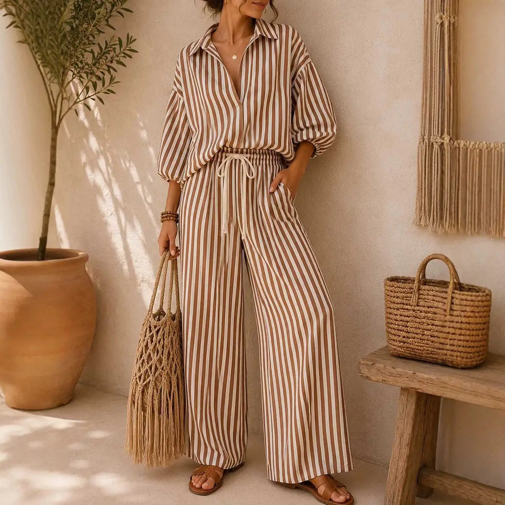 Ensemble chemise oversize à rayures et pantalon à jambes larges