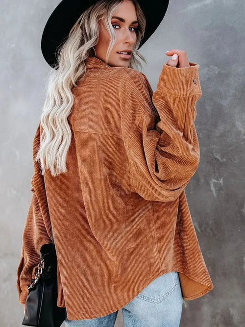 Chemise en velours côtelé surdimensionnée avec poche poitrine CARAMEL