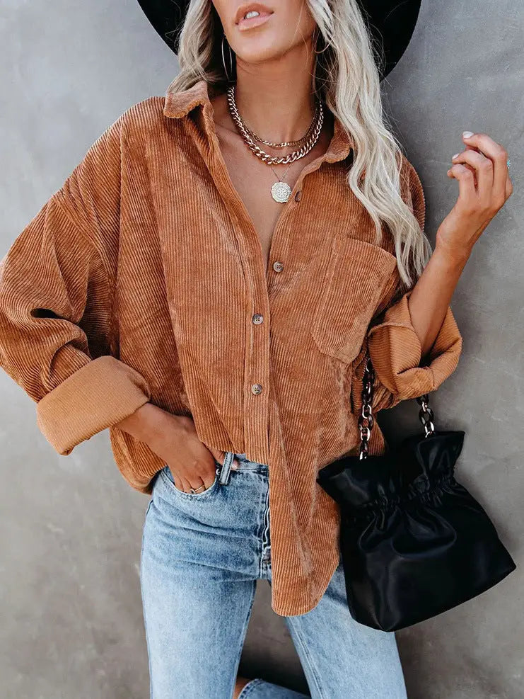 Chemise en velours côtelé surdimensionnée avec poche poitrine CARAMEL