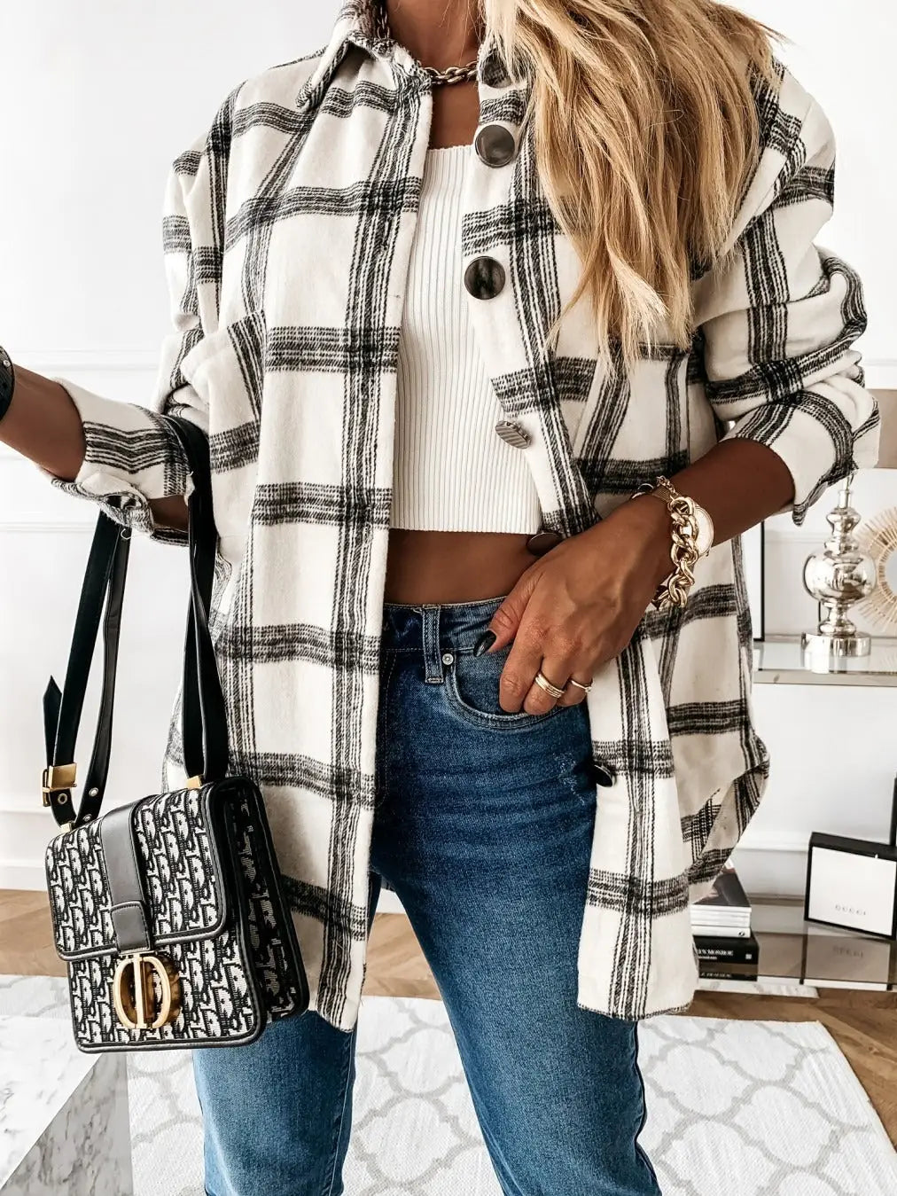 Veste-chemise oversize en lainage à carreaux